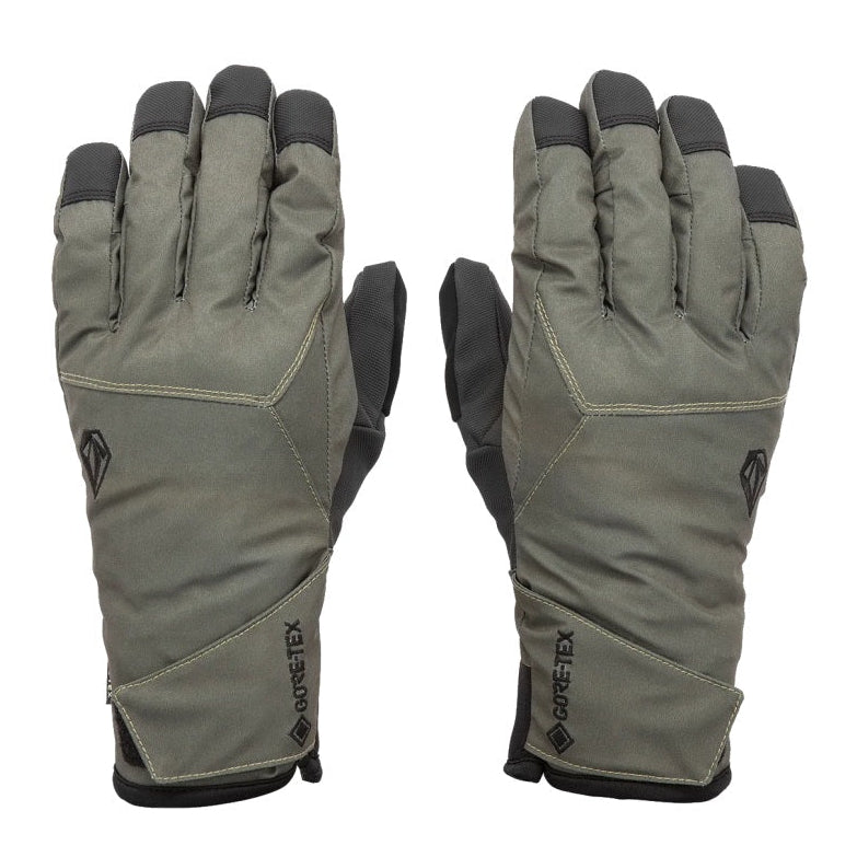 A pair of gray Volcom Mens CP2 GORE-TEX gloves displayed a