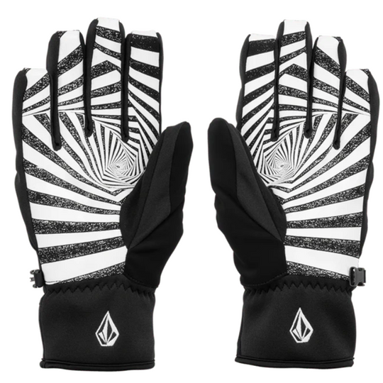 Black and white patterned gloves with Volcom brand logo 