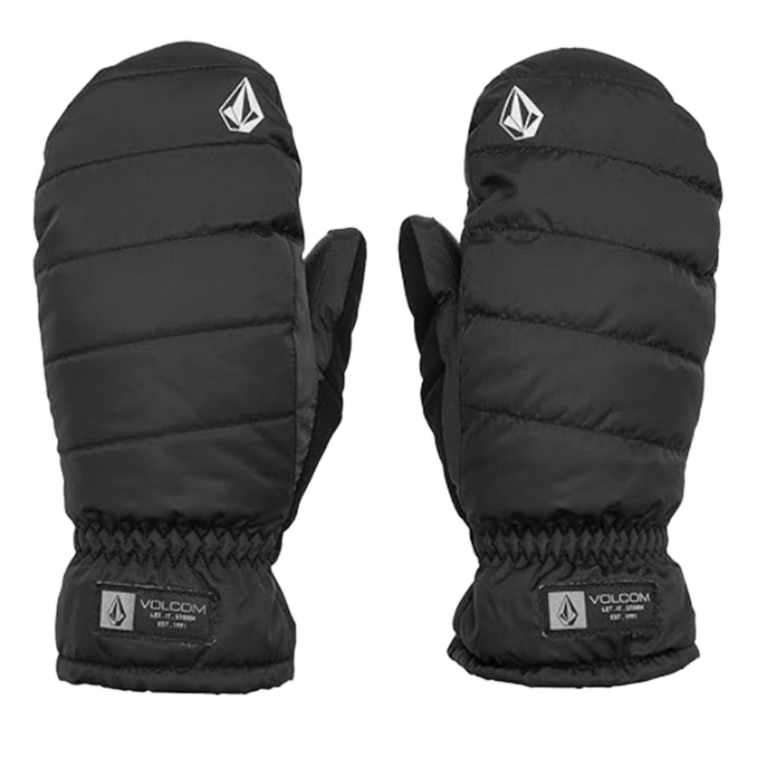 Pair of puffy 
black mittens with Volcom logo 