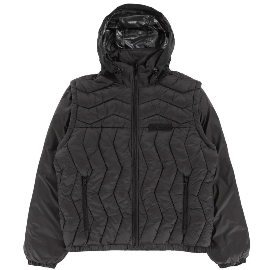 Black quilted jacket with geometric pattern on a white background