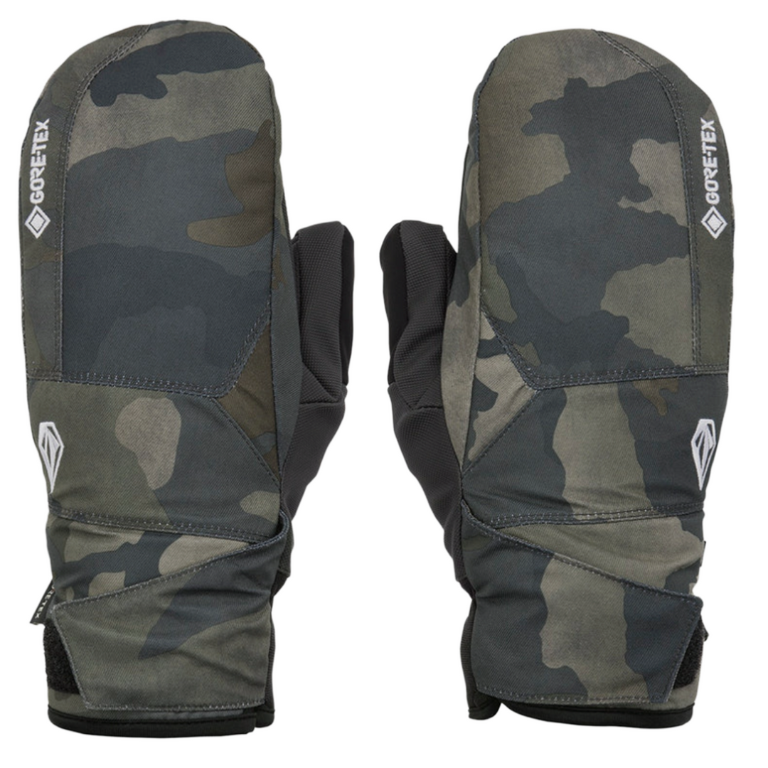 Camouflage-patterned Volcom mittens with GORE-TEX branding 