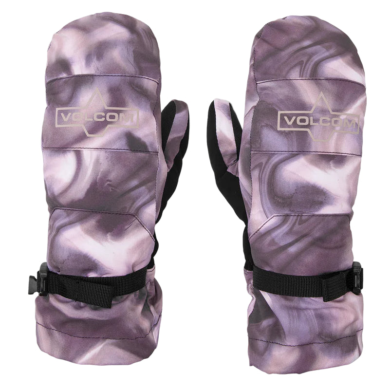 A pair of pink Volcom womens over mittens with a marbled pattern and black straps.