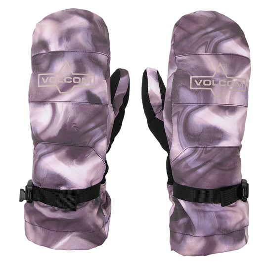 A pair of pink Volcom womens over mittens with a marbled pattern and black straps.