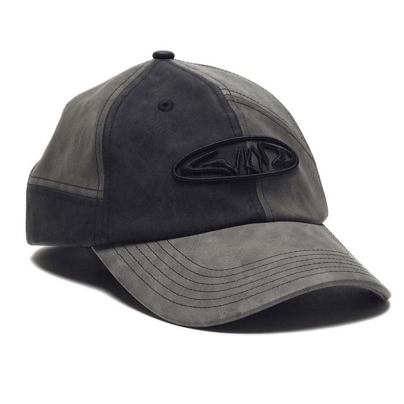 Gray and black baseball cap with a logo on a white background