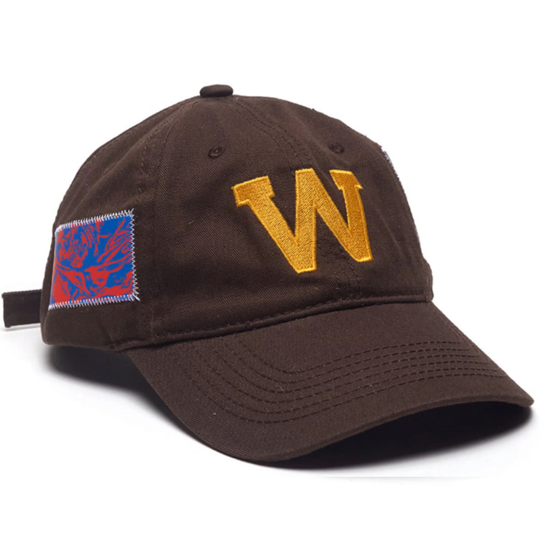 Brown cap with yellow 'W' and colorful patch on a white background