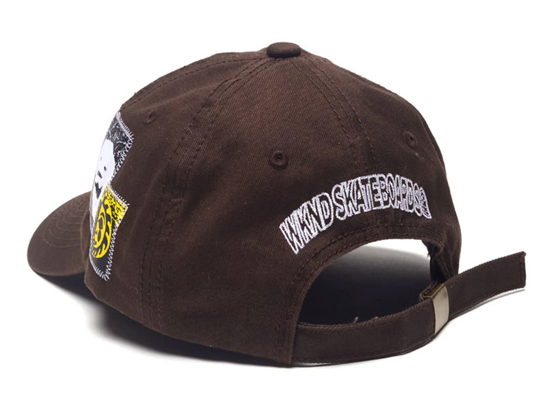 Brown cap with logo and text on a white background