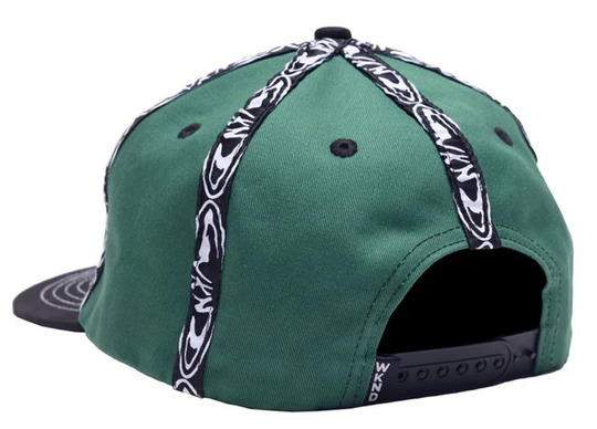 Green cap with black and white pattern on the strap, on a white background