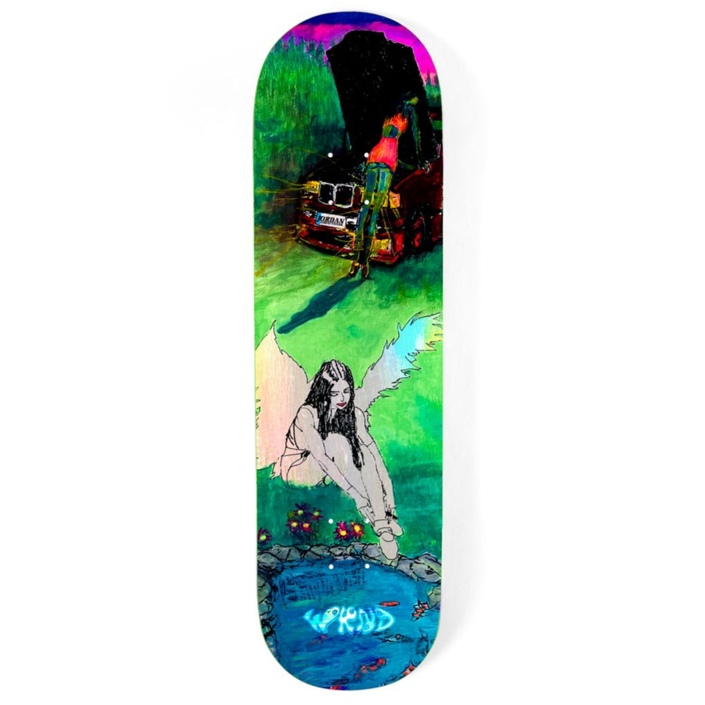 Colorful skateboard deck with a graphic design of a woman and landscape in size 8.5