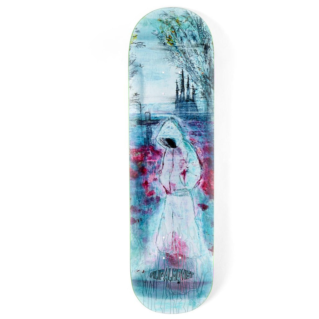 Skateboard deck with artistic design of a hooded figure in a snowy landscape in size 8.375