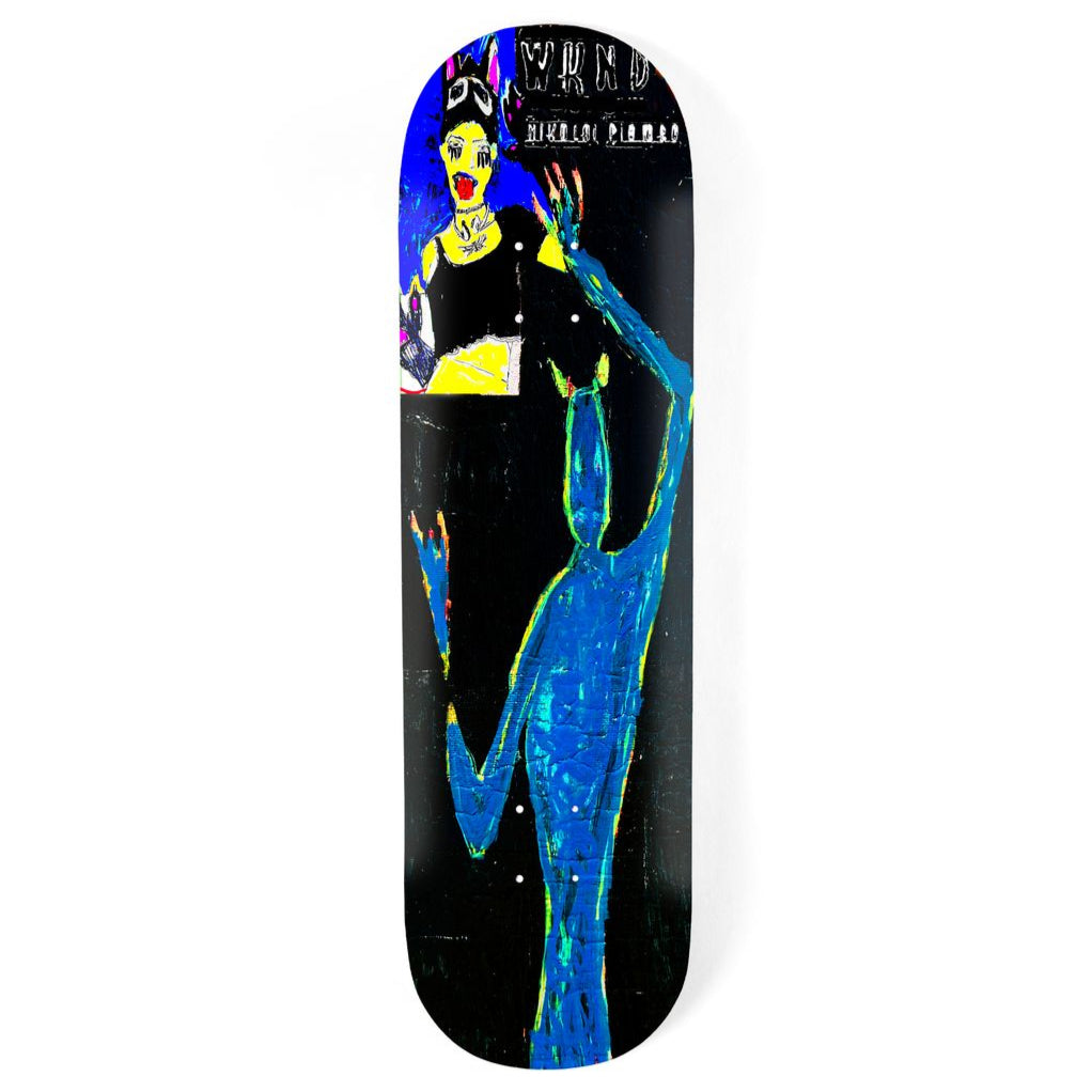 Skateboard deck with a colorful graphic design of a person on a black background in size 8.25