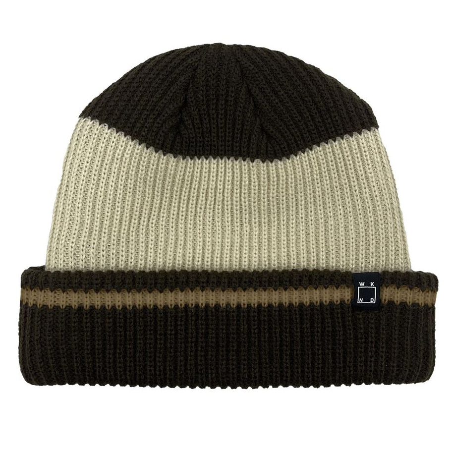 Two-tone black and beige beanie with a brand logo on a white background