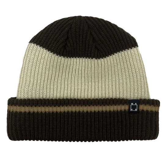 Two-tone black and beige beanie with a brand logo on a white background