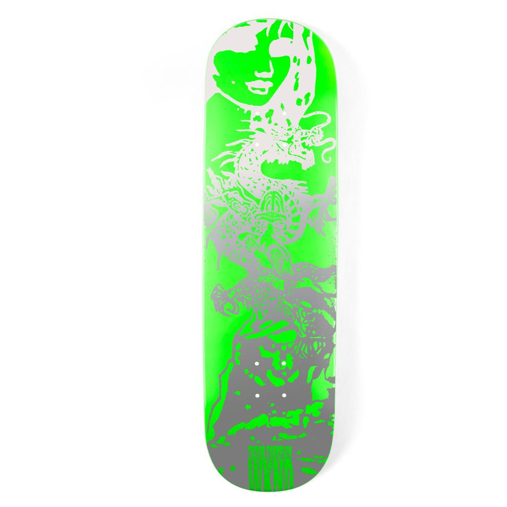 Skateboard deck with green and gray foil design in sies 8.25 and 8.5
