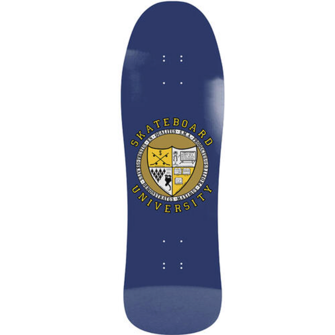 Blue skateboard deck with a yellow and white emblem and text on a white background