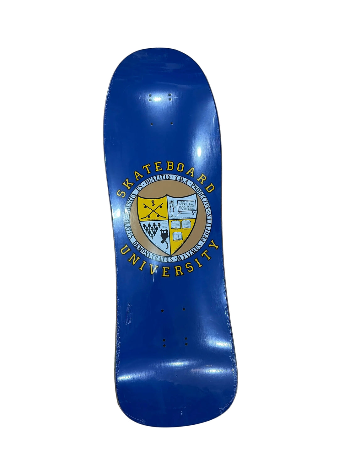 Blue skateboard deck with 'Skateboard University' logo on a white background