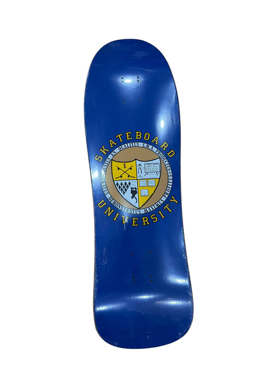Blue skateboard deck with 'Skateboard University' logo on a white background