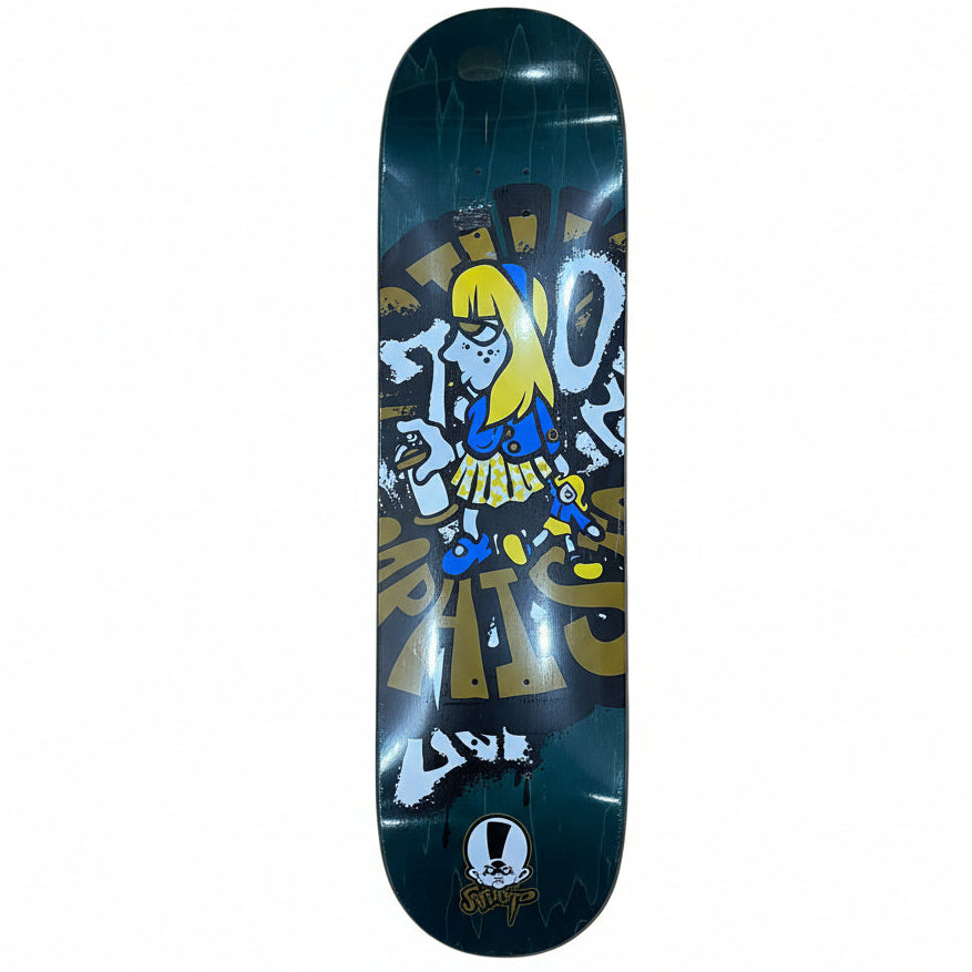 Skateboard deck with colorful graphics by Andy Howell