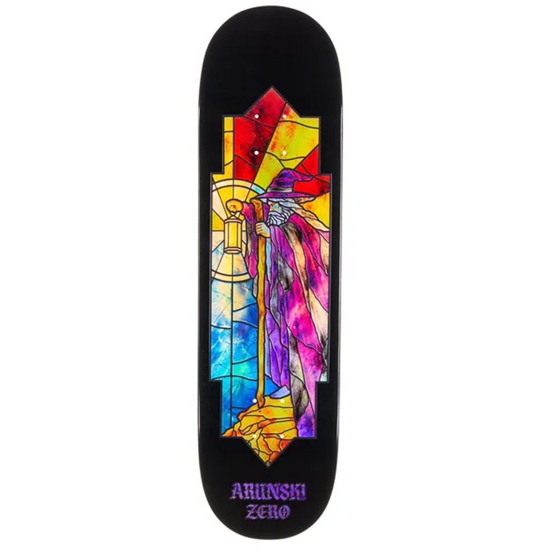 Skateboard deck with colorful stained glass design and 'Ahimsa Zero' branding on a black background