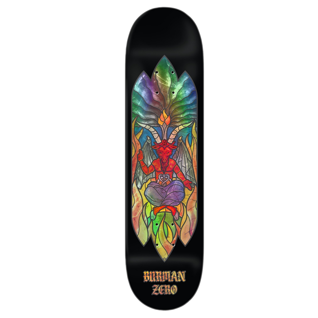 Skateboard deck with colorful design and 'Bingham Zero' branding on a black background