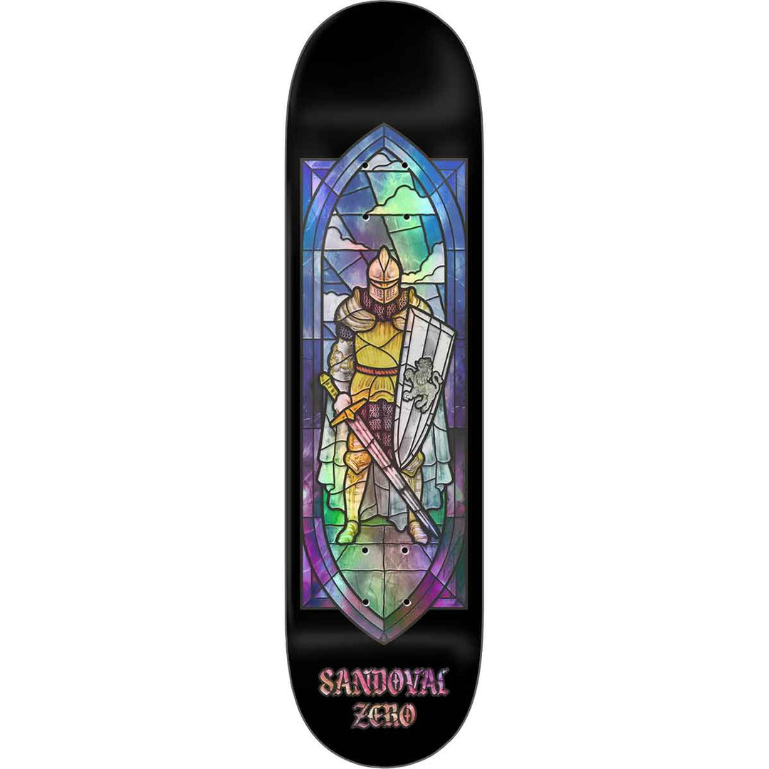 zero skateboard deck with stained glass design and 'Sandoval Zero' text