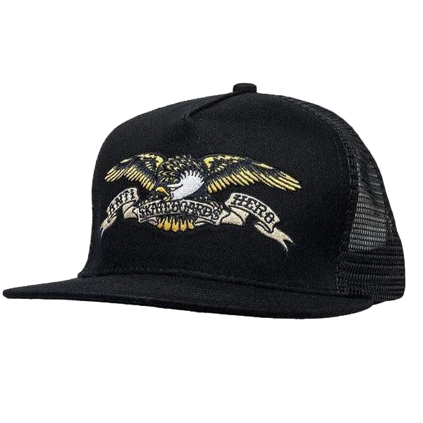 Black trucker cap with eagle emblem and 'anti-HERO' text on a white background