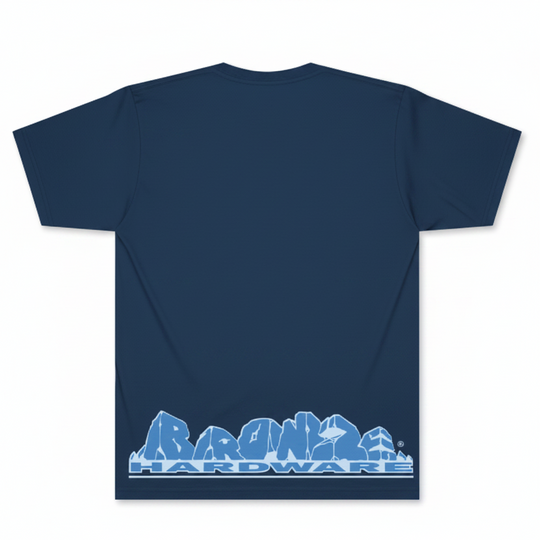 A navy blue short-sleeve t-shirt shown from the back, featuring a light blue and white &