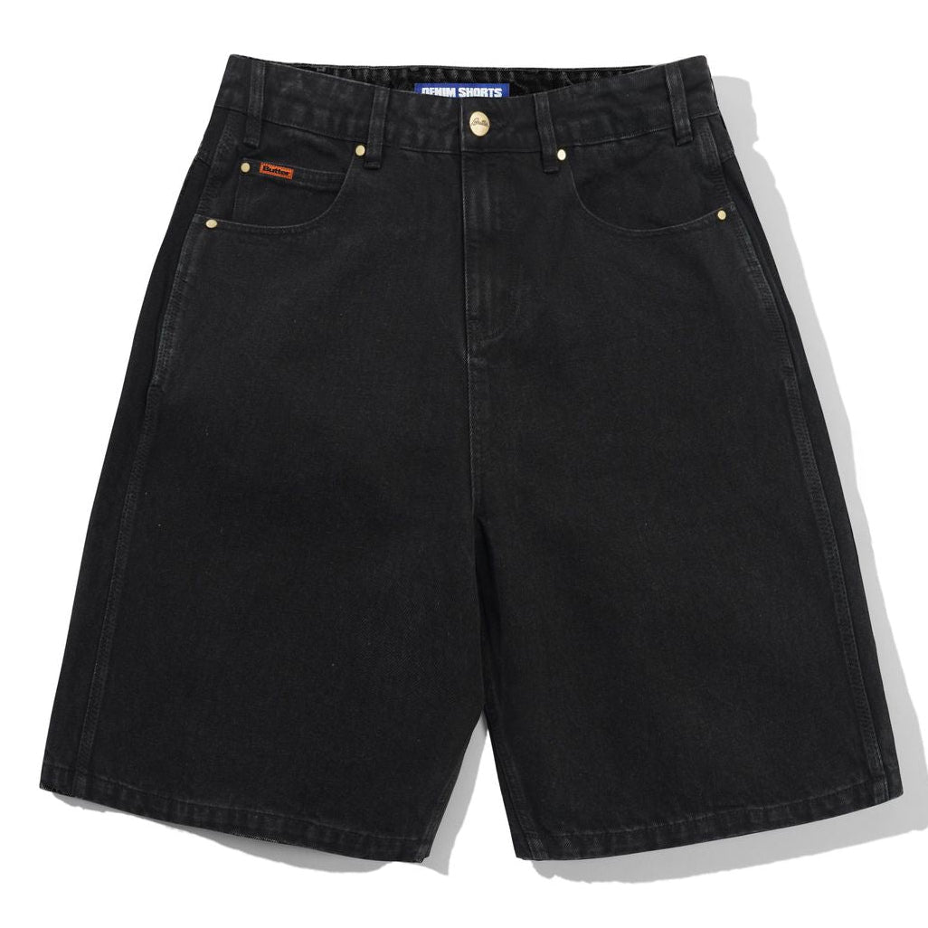 Black denim shorts on a white background