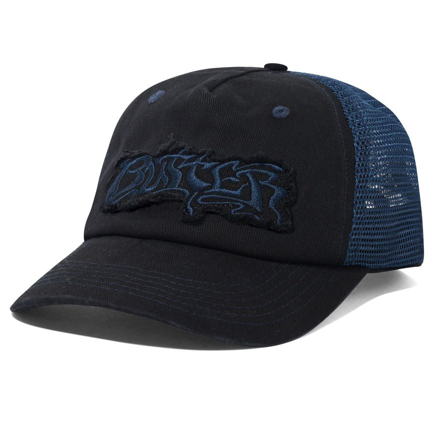 Black and blue trucker cap with a logo on a white background