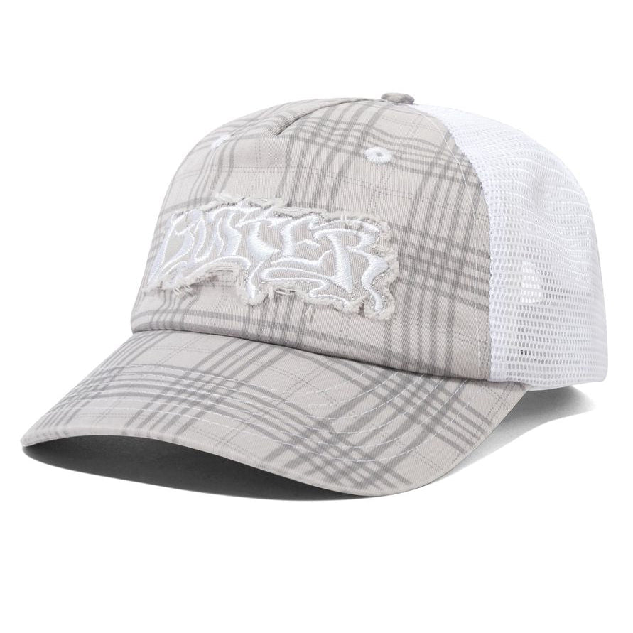 Gray plaid cap with white mesh back on a white background