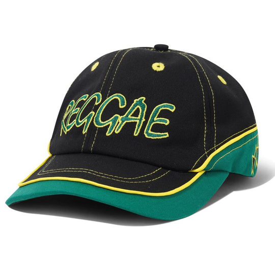 Black cap with green and yellow accents and &