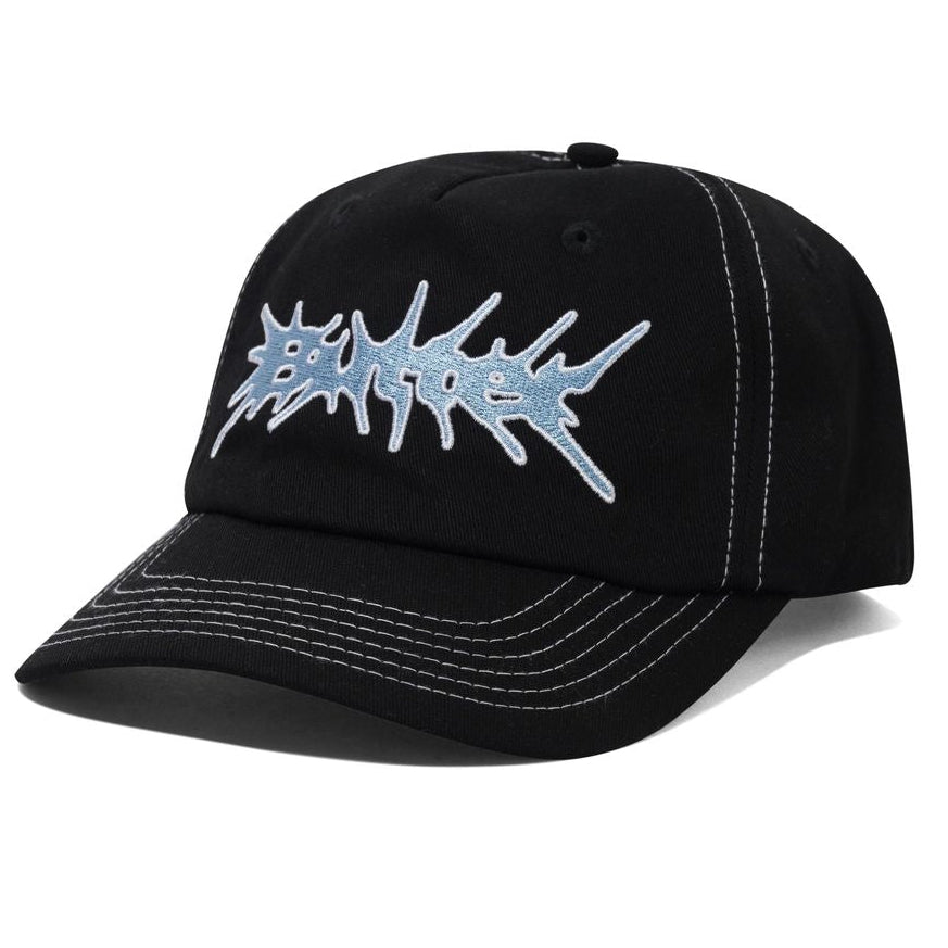 Black cap with a blue logo on a white background