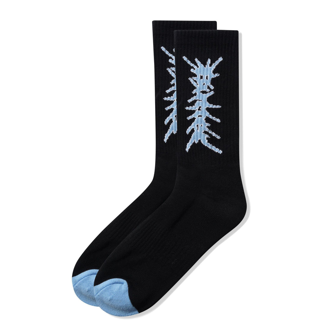 Black socks with blue accents and white lace design on a white background