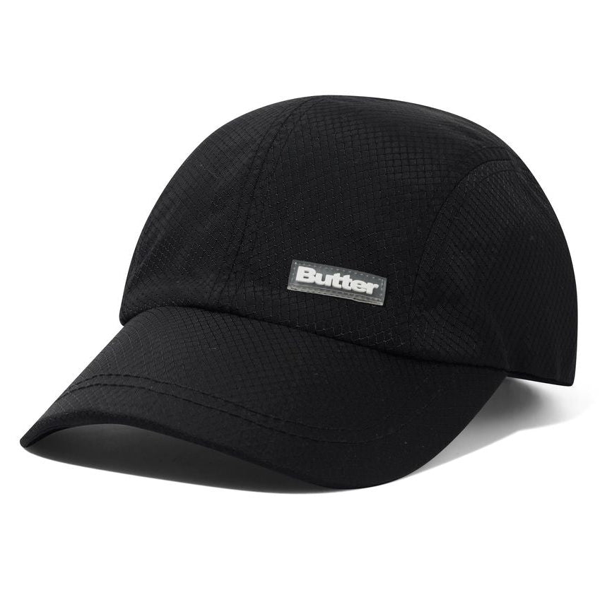 Black cap with a brand logo on a white background