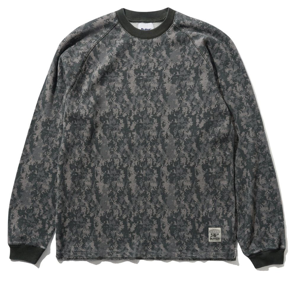Long-sleeve shirt with a camouflage pattern on a white background
