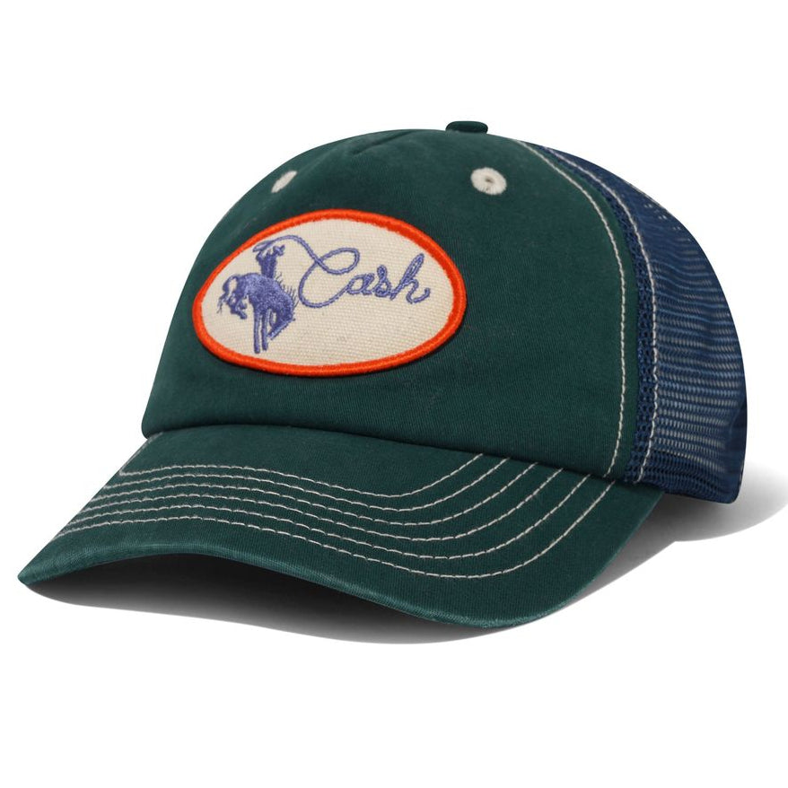 A dark green trucker-style baseball cap with a curved brim, featuring a beige oval patch on the front with a blue cowboy logo and the word 'Cash' in blue script, set against a plain white background.