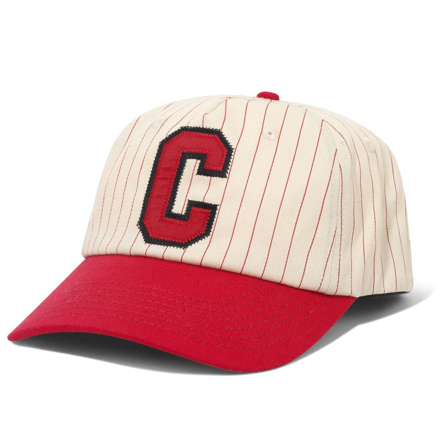 A baseball cap with an off-white pinstripe crown, a red curved brim, and a large red embroidered letter 'C' on the front, set against a plain white background.