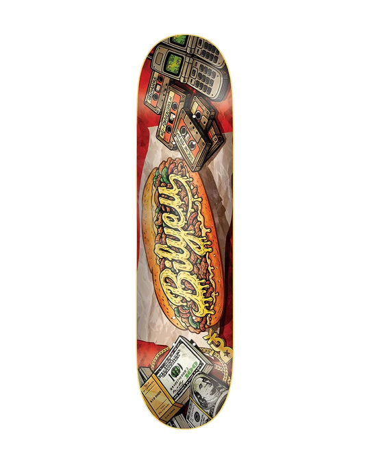 A skateboard deck featuring a colorful graphic design with a hot dog illustration, cash, and electronic devices, centered on a light gray background.