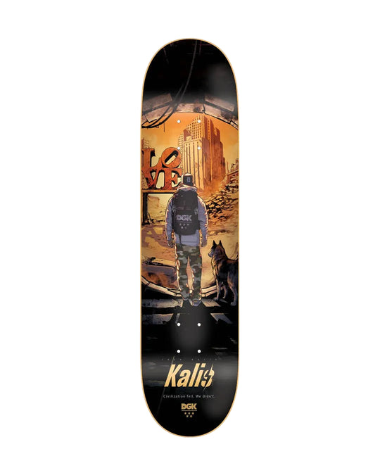 Skateboard deck with a graphic design featuring a person and a dog, with &