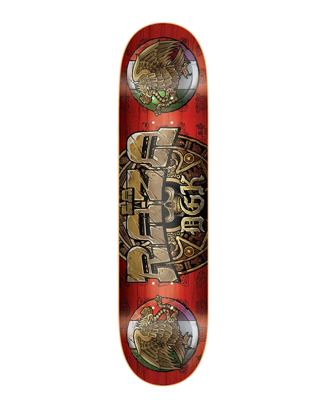 Skateboard deck with a red background and gold and black graphics on a white background