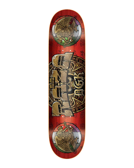 Skateboard deck with a red background and gold and black graphics on a white background