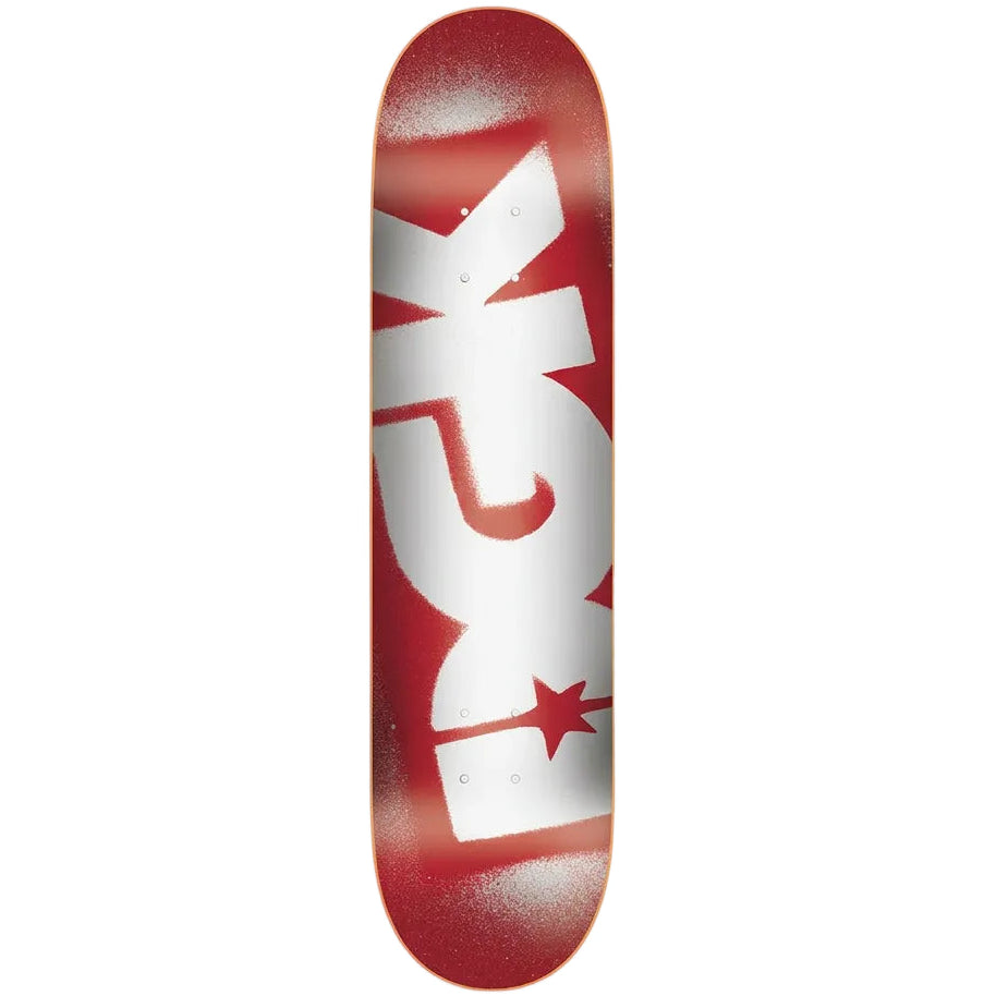 Red and white skateboard deck with a logo on a white background
