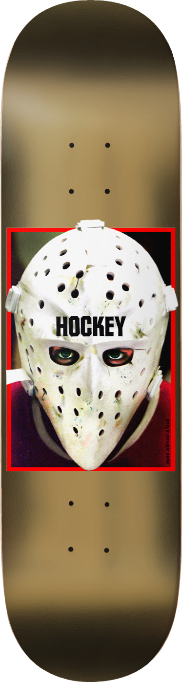 hockey skateboard deck with a hockey mask eyes without a face on gold foil