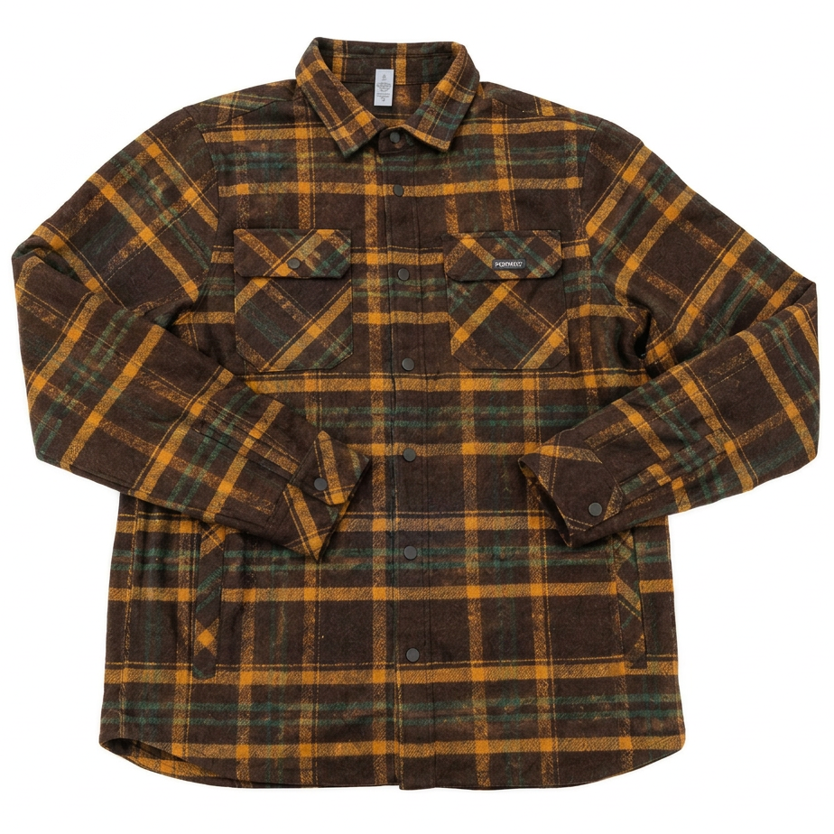 A long-sleeve plaid flannel shirt jacket in dark brown and mustard yellow, laid flat against a white background.