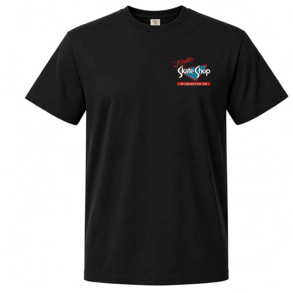 Black t-shirt with a gold Polo Ralph Lauren logo on a white background