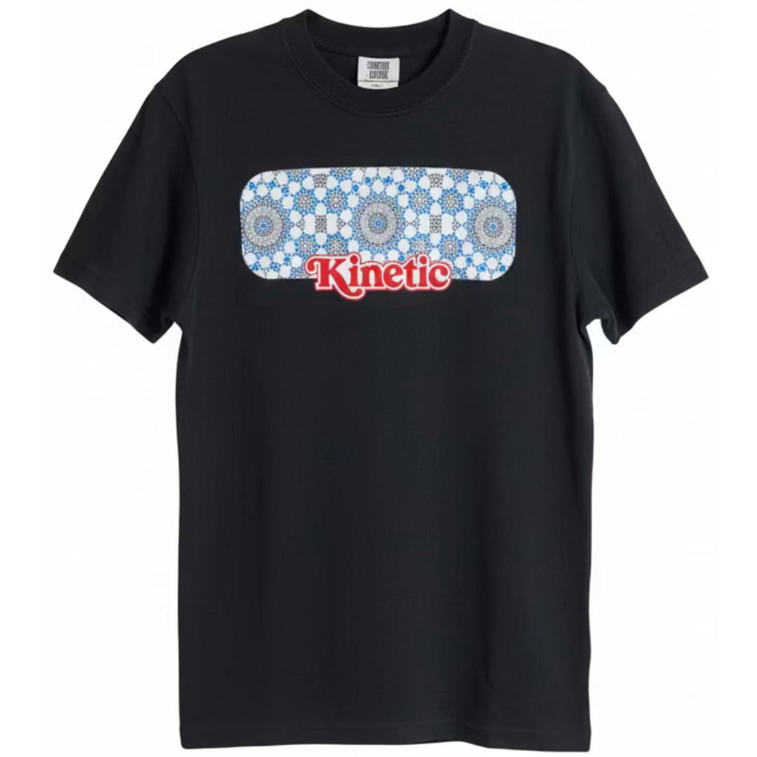 Black t-shirt with a colorful graphic and 'Kinetic' text on a white background