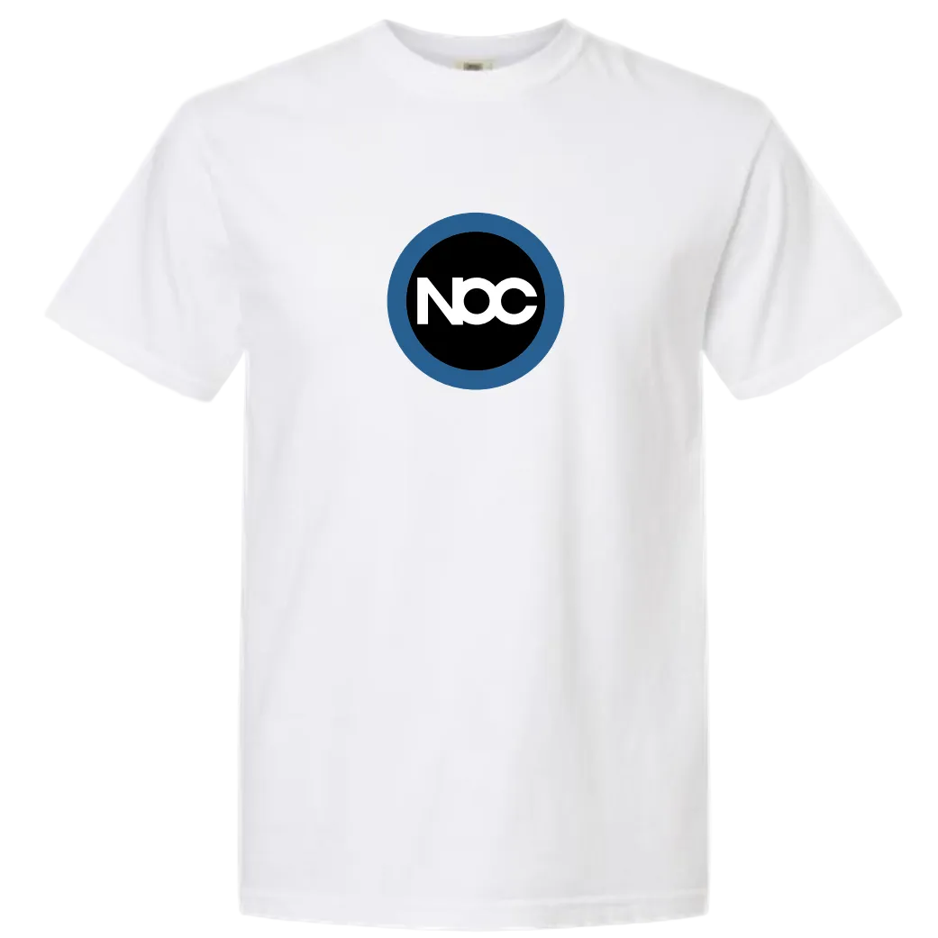 Computer screen displaying a design software with two t-shirts, one brown and one white, featuring NDC logos.