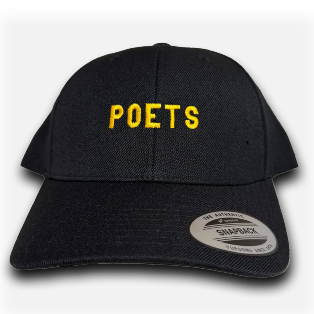 Black cap with 'POETS' in yellow on a white background