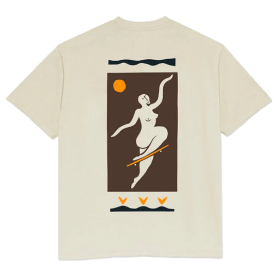 Beige t-shirt with a graphic design of a woman on a surfboard on the back, on a white background.
