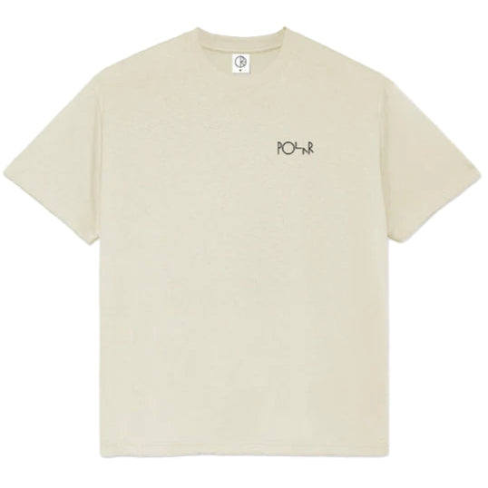Beige t-shirt with a logo on a white background