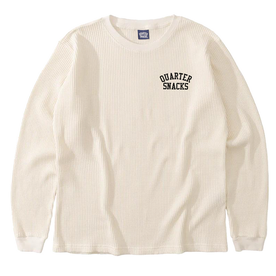 Beige ribbed long-sleeve shirt with 'Quarter Snacks' text on a white background